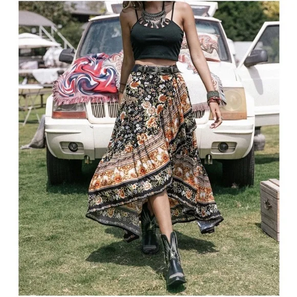 NEW! Boho Black Floral Paisley Ruffle Front Elastic Waist Maxi Skirt! - Picture 4 of 5